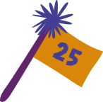 Vlag met het getal 25 en paarse versiering.