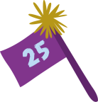 Paarse vlag met het getal 25 en een gouden ster.